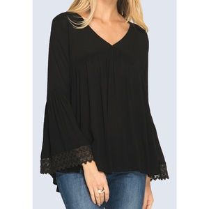 Black Flared Sleeve Lace Hem Top